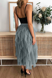 Fashionable solid color puffy mesh high waist slimming skirt