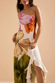Love Filled Floral Print One Shoulder Side Ruffles Maxi Slip Dress