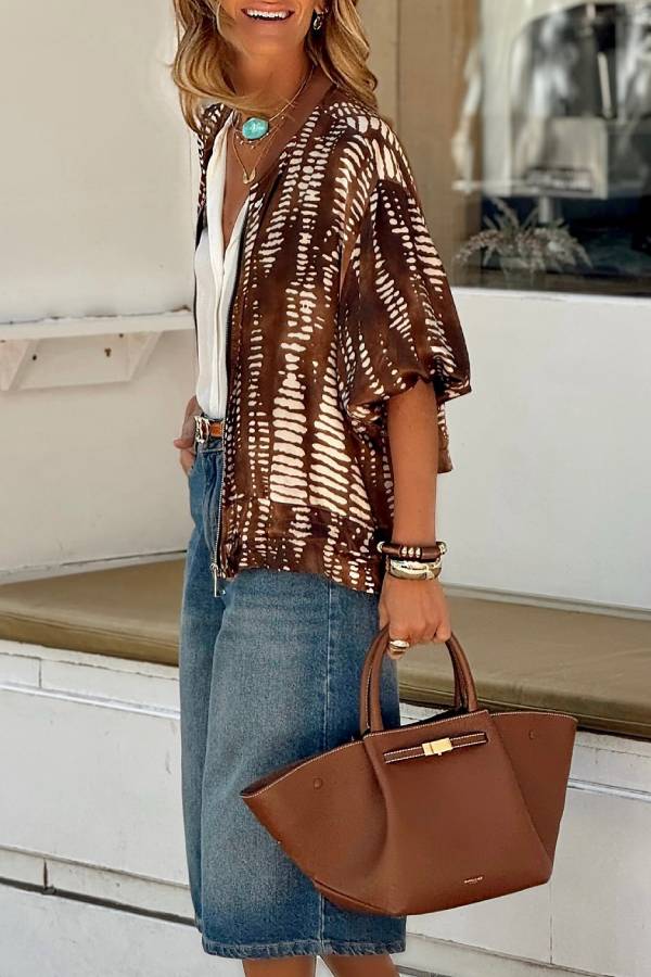 Brown and white tie-dyed batwing sleeve loose short coat