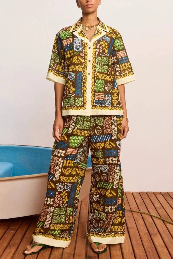 Vintage Ethnic Print Shirt & Wide Leg Pants Two Piece Set