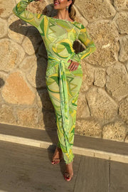Nessie Mesh Unique Print Tie-up Waist Long Sleeve Stretch See-Through Maxi Dress