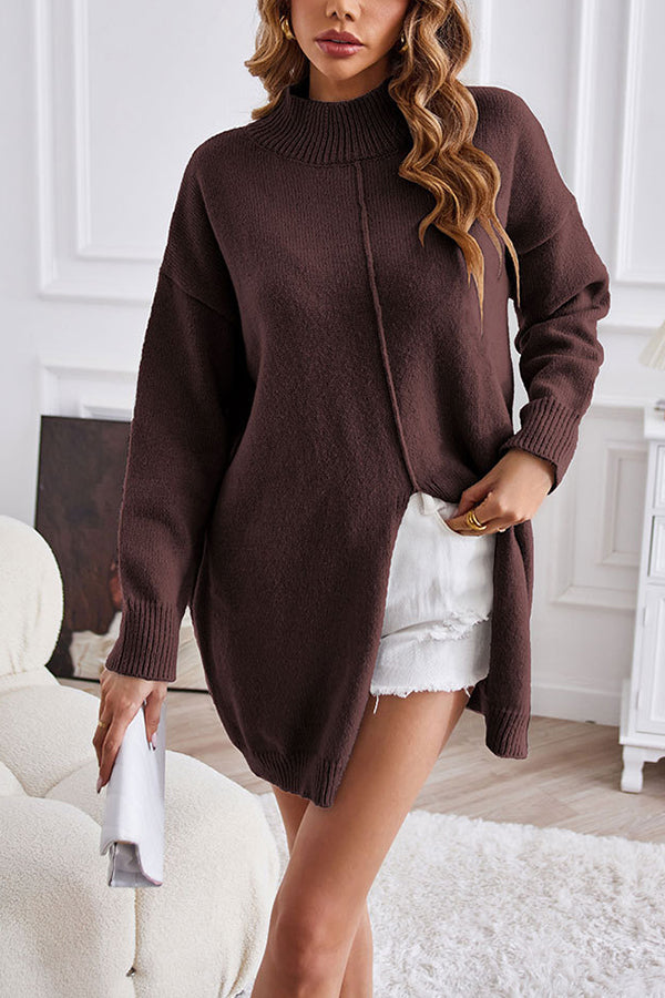 Solid color half turtleneck pullover sweater fashionable mid-length slit dress