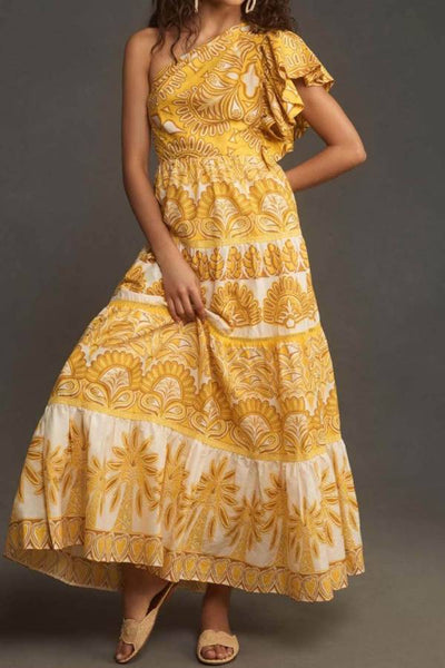 Exquisite Unique Print One Shoulder Ruffle Sleeve Tiered Maxi Dress