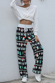 Stylish loose lace-up Christmas print pants