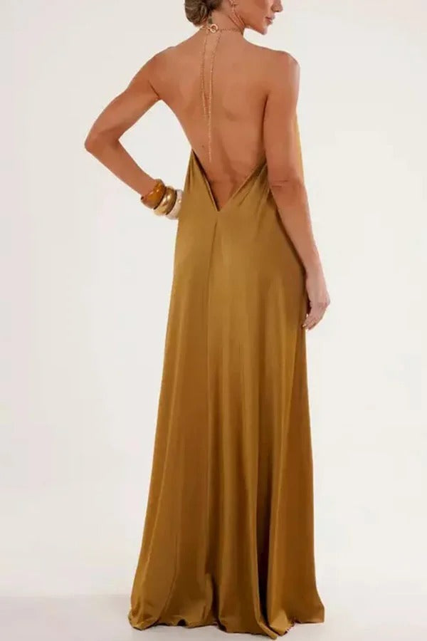 Ocean Goddess Metal Circular Chain Halter Backless Vacation A-line Maxi Dress