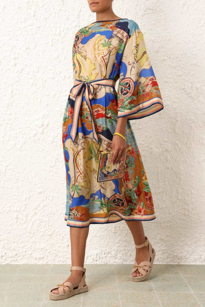 Unique Print Boat Neck Bell Sleeve Belt Pocketed Midi Dress