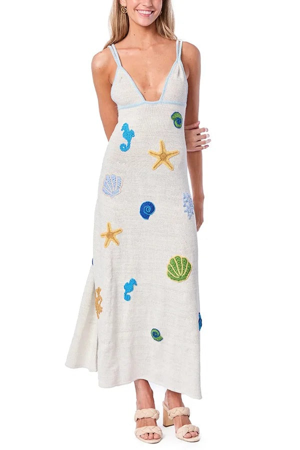 Beach Shell Printed Sling Vacation Style Loose Maxi Dress