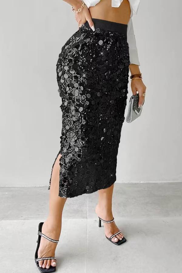Silver Sequin Bodycon Midi Skirt