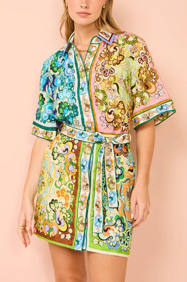 Linen Blend Unique Printed Shirt Style Tie-waist Mini Dress