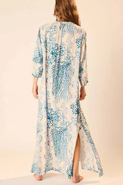 Quiet Sea Unique Print Pleated Neck Long Sleeve Slit Kaftan Maxi Dress