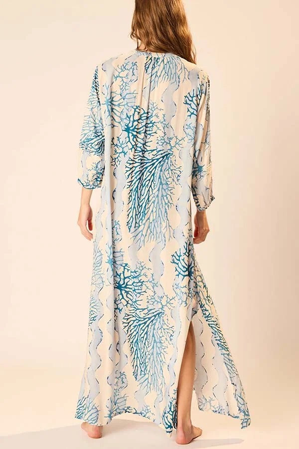 Quiet Sea Unique Print Pleated Neck Long Sleeve Slit Kaftan Maxi Dress