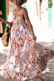 Vacation Casual Loose Tie-Dye Floral V-Neck Waist slimming Midi Dress