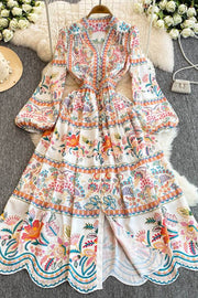 Retro print lantern sleeve fitted waist slit long dress