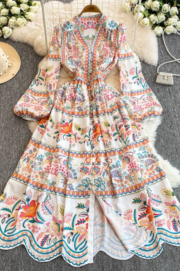 Retro print lantern sleeve fitted waist slit long dress