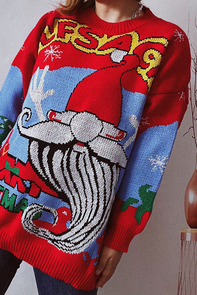 Christmas Pattern Knitted Crew Neck Long Sleeved Sweater