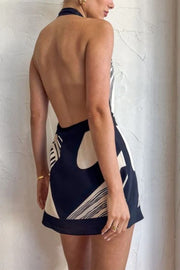 Unique Printed Open Back Waist Tie Holiday Mini Dress