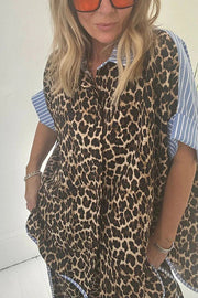 Comfortable Leopard Stripes Colorblock Print Oversized Shirt and Elastic Waist Pocket Loose Pants Set