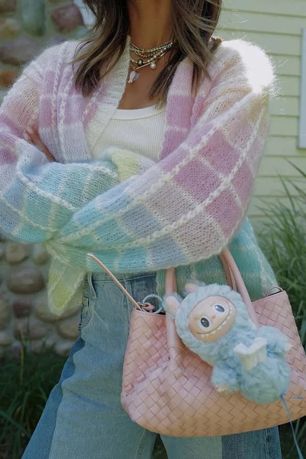 Palette Day Knit Color Blocks Open Front Balloon Sleeve Loose Cardigan