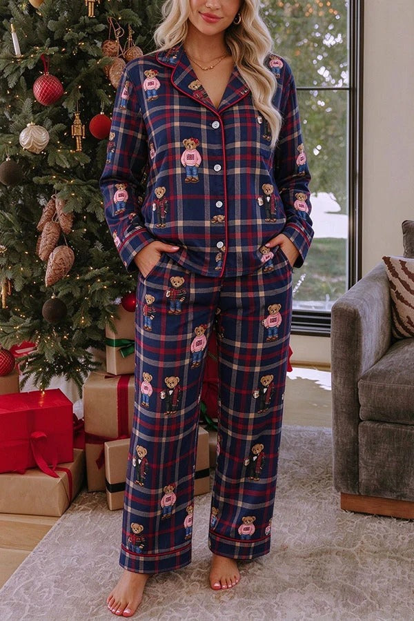 Teddy Bear Plaid Unique Print Long Sleeve Loose Shirt and Elastic Waist Pocket Pajama Set