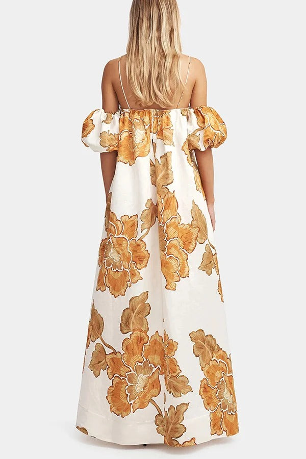 Floral Print Suspenders Puff Sleeves Loose Pocket Holiday Maxi Dress