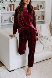 Red Solid Velvet Round Neck Top & Drawstring Pants Longe Set