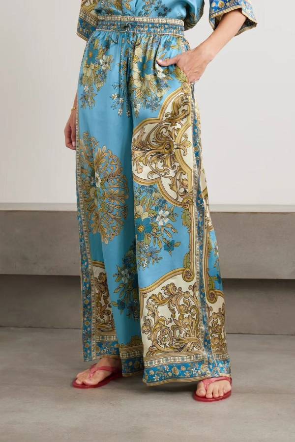 Floral Print Satin Shirt + Pants Casual Home Set