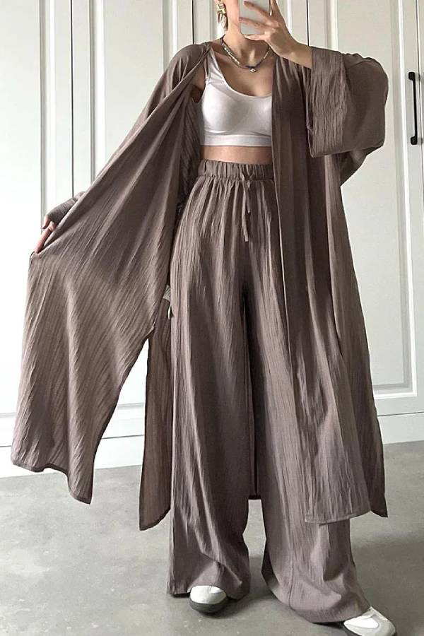 Casual Long Cardigan Slit Two-piece Set