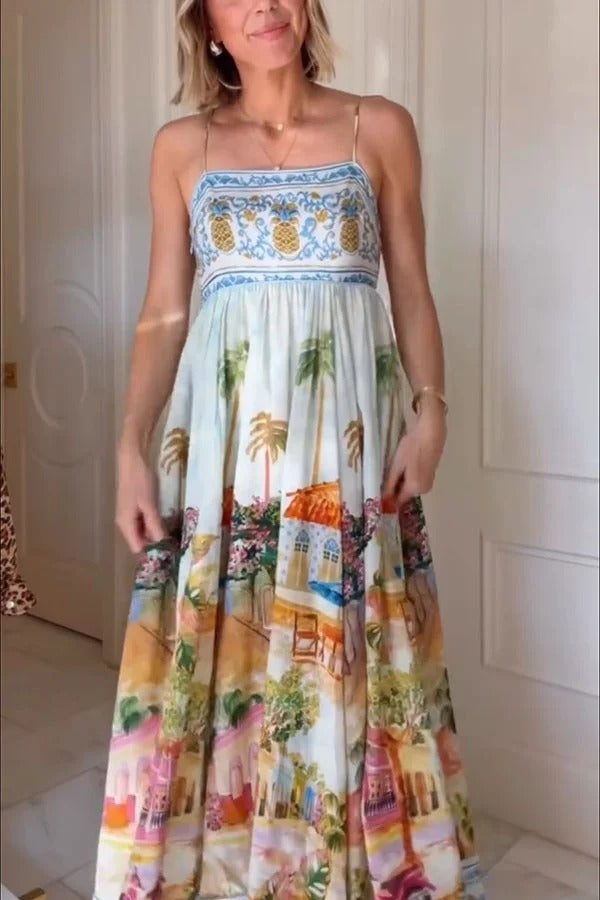 Aracati Multicolor Unique Print Back Smocked Pocket Maxi Dress