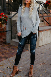 Crewneck Side Split Ripped Comfy Sweater