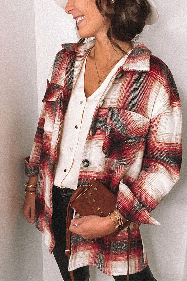 Red Plaid Turn Down Neck Pocket Buttoned Shacket