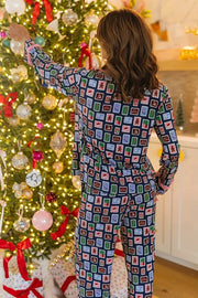 Postcards To Santa Unique Print Ruffles Trim Pocket Shirt and Elastic Waist Pajama Set