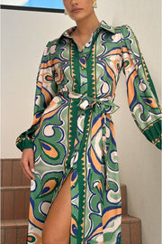 COLLARED BUTTON UP LONG BALLOON SLEEVE MAXI DRESS