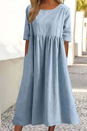 Summer Hot Sale -Round neck pocket halter cotton dress