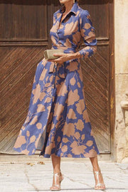 Floral print shirt collar fitted waist midi dress