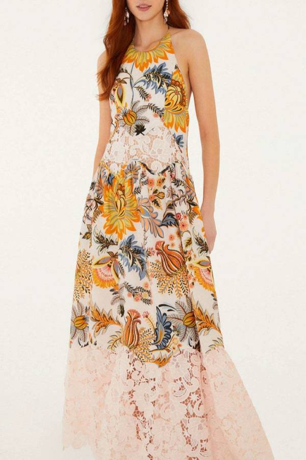 Halter Vintage Floral Lace Spliced Open‑Back Vacation Maxi Dress