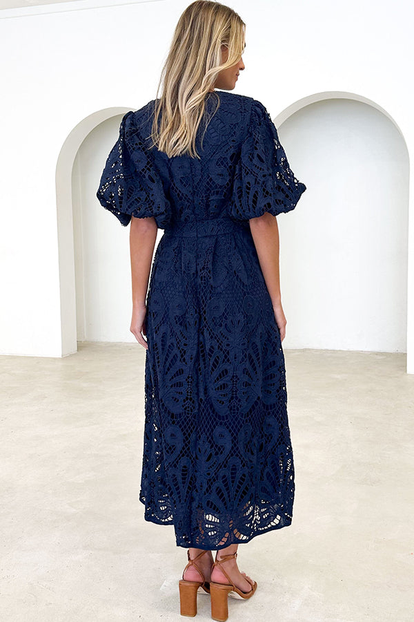 Date To Remember Crochet Lace Puff Sleeves Midi Dress