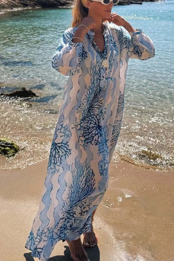 Quiet Sea Unique Print Pleated Neck Long Sleeve Slit Kaftan Maxi Dress