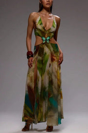 Sexy Butterfly Embellished Back Lace-up Slit Vacation Maxi Dress