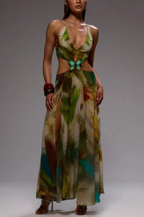 Sexy Butterfly Embellished Back Lace-up Slit Vacation Maxi Dress