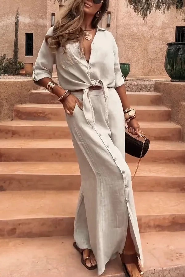Solid Color Lapel Casual Button-down Shirt and Loose Pocket Slit Wide-leg Pants Set