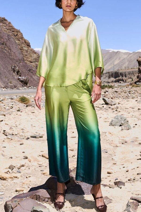 Alenah Satin Gradient Print V-Neck Loose Shirt and Casual Pocket Wide Leg Pants Set