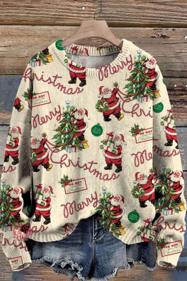 Christmas Tree Santa Claus Gifts Print Knit Pullover Sweater