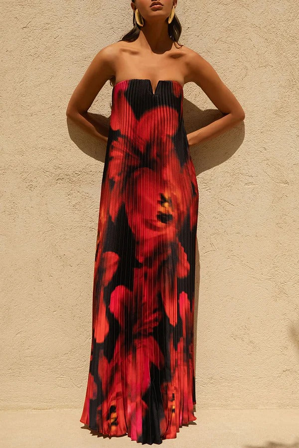 For Every Occasion Satin Pleated Floral Print V-wire Bandeau Neck Maxi Dress