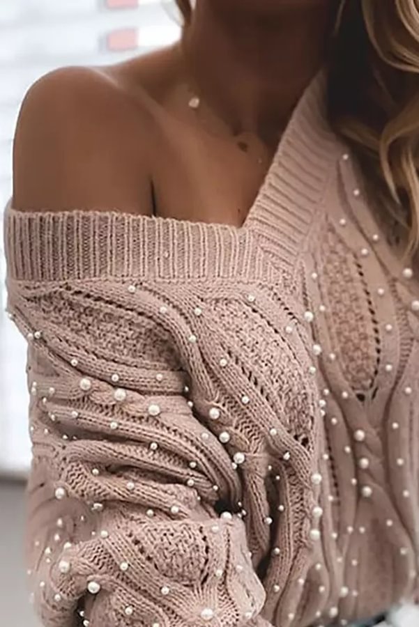 Too Elegant V Neck Pullover Beaded Long Sleeve Sweater