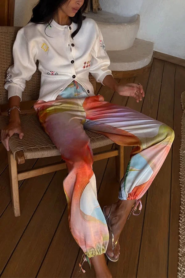 Vacation View Colorful Abstract Print Elastic Waist Pocket Loose Lantern Pants