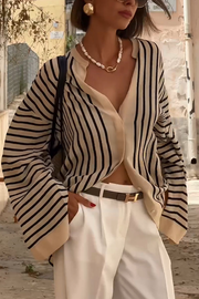 Fashionable and versatile striped slit casual shirt