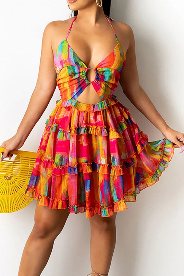 FLORAL PRINT CUT OUT HATER BACKLESS A-LINE TIERED RUFFLED BEACH LAYERED MINI DRESSES