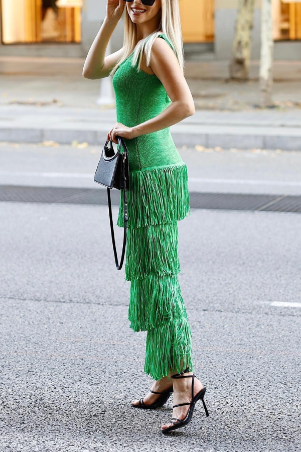 Solid Color Hem Fringe Knitted Suspender Dress