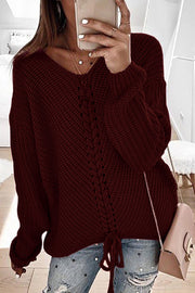 Loose V Neck Drawstring Open Back Pullover Knitted Sweater