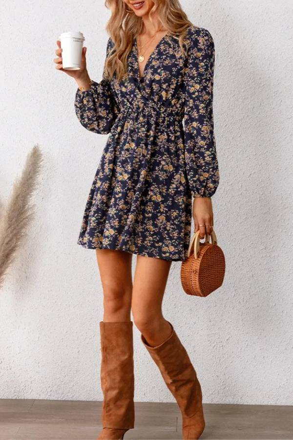 V-neck floral print fitted waist long-sleeved dress